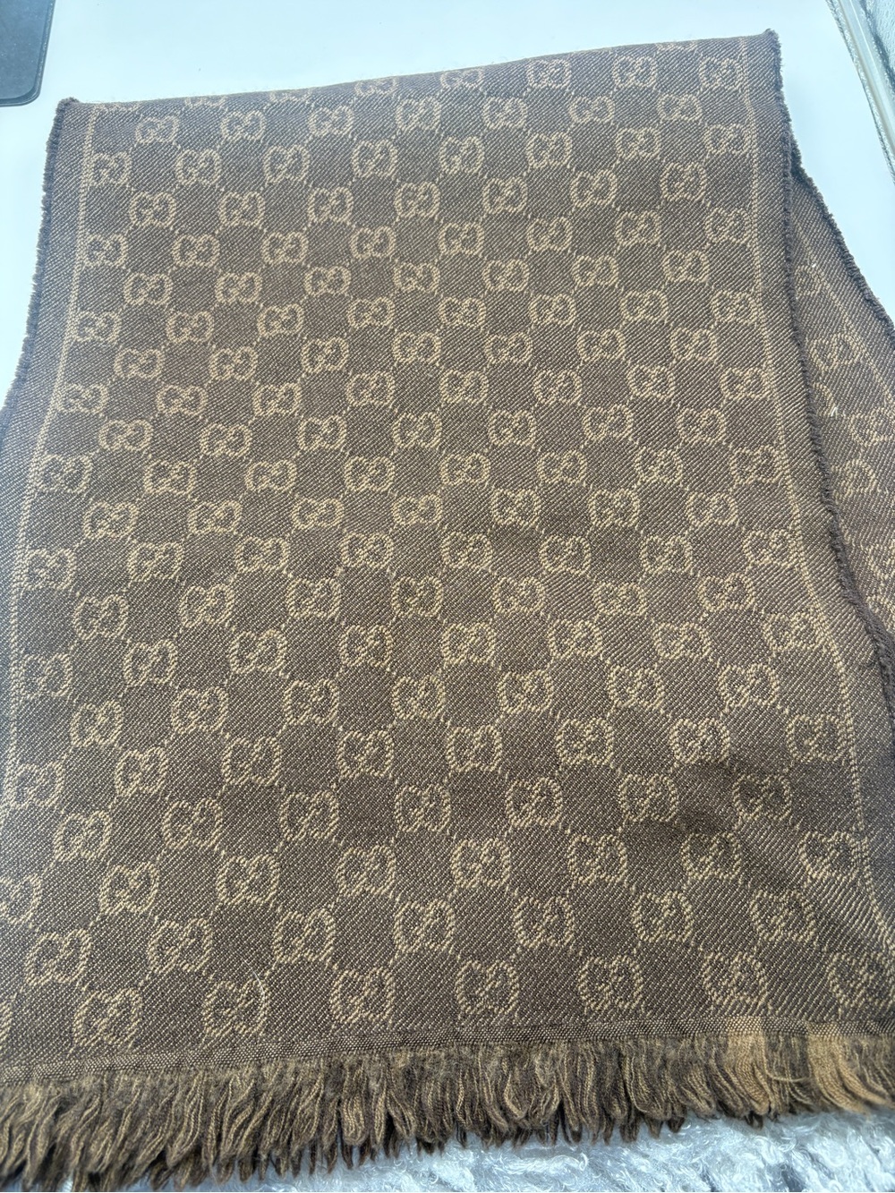 Gucci GG Monogram Reversible Wool Scarf Brown Beige Fringe